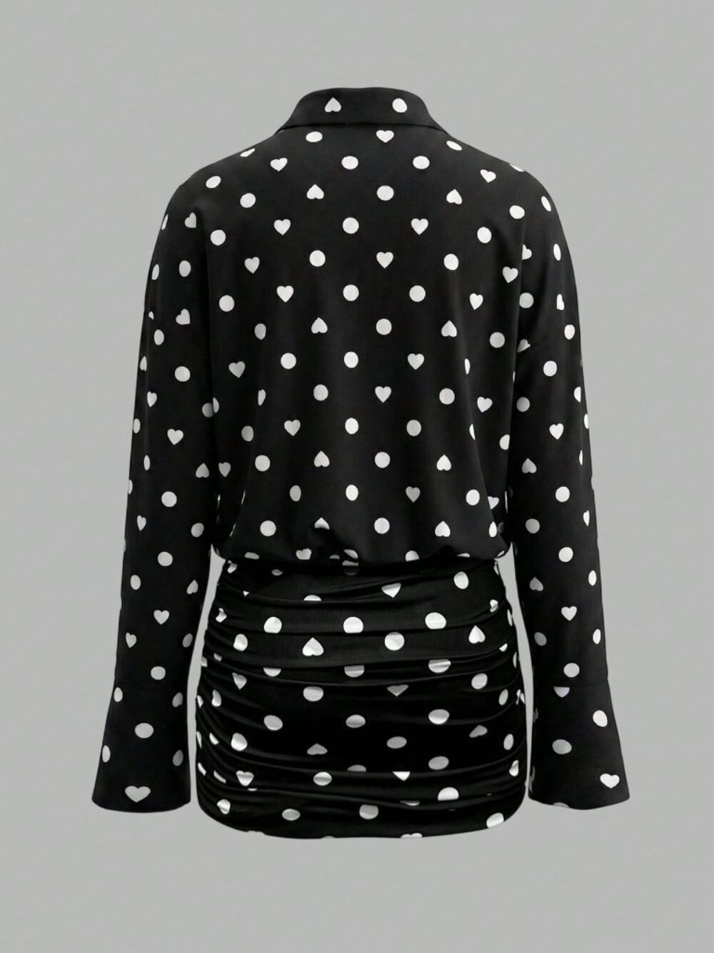 Black Casual Women's Polka Dot Print Front Button Long Sleeve Mini Dress - Picture 2 of 4